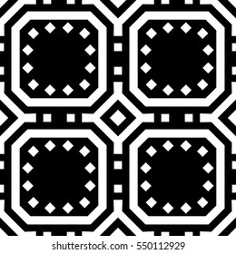 Repeated white figures on black background. Ethnic wallpaper. Seamless surface pattern design with symmetrical rhombuses, squares and other polygons ornament. Geometric motif. Digital paper. Vector