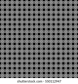 Repeated white figures on black background. Ethnic wallpaper. Seamless surface pattern design with symmetrical rhombuses, squares and other polygons ornament. Geometric motif. Digital paper. Vector