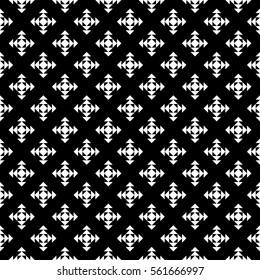 Repeated white figures on black background. Ethnic wallpaper. Seamless surface pattern design with snowflakes ornament. Rhombuses and triangles motif. Digital paper for textile print, web designing.