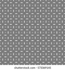 Repeated white figures on black background. Geometric wallpaper. Seamless surface pattern design with convex hexagons and regular squares. Tiles motif. Digital paper for textile print. Vector art.