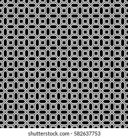 Repeated white figures on black background. Geometric wallpaper. Seamless surface pattern design with convex hexagons and regular squares. Tiles motif. Digital paper for textile print. Vector art.