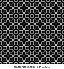 Repeated white figures on black background. Geometric wallpaper. Seamless surface pattern design with convex hexagons and regular squares. Tiles motif. Digital paper for textile print. Vector art.