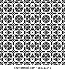 Repeated white figures on black background. Geometric wallpaper. Seamless surface pattern design with convex hexagons and regular squares. Tiles motif. Digital paper for textile print. Vector art.