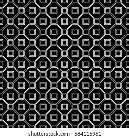 Repeated white figures on black background. Parquet wallpaper. Seamless surface pattern design with regular octagons and squares. Tiles motif. Digital paper for textile print. Geometrical vector art.