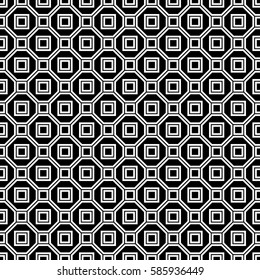 Repeated white figures on black background. Parquet wallpaper. Seamless surface pattern design with regular octagons and squares. Tiles motif. Digital paper for textile print. Geometrical vector art.