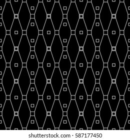 Repeated white figures on black background. Geometric wallpaper. Seamless surface pattern design with elongated octagons and squares. Ornamental motif. Digital paper for textile print. Vector art.