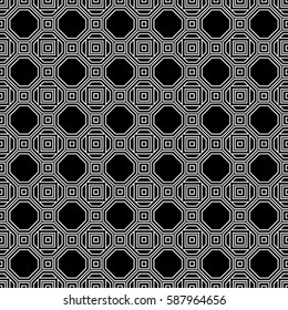 Repeated white figures on black background. Symmetric geometric wallpaper. Seamless surface pattern design with regular octagons and squares. Tiles motif. Digital paper for textile print. Vector art.