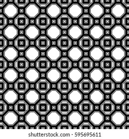 Repeated white figures on black background. Symmetric geometric wallpaper. Seamless surface pattern design with regular octagons and squares. Tiles motif. Digital paper for textile print. Vector art.