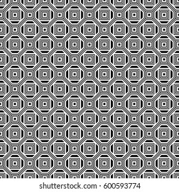 Repeated white figures on black background. Symmetric geometric wallpaper. Seamless surface pattern design with regular octagons and squares. Tiles motif. Digital paper for textile print. Vector art.
