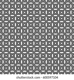 Repeated white figures on black background. Symmetric geometric wallpaper. Seamless surface pattern design with regular octagons and squares. Tiles motif. Digital paper for textile print. Vector art.