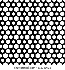 Repeated white figures on black background. Stylized honeycomb wallpaper. Seamless surface pattern design with hexagons. Mosaic motif. Digital paper for page fills, web designing, textile print.