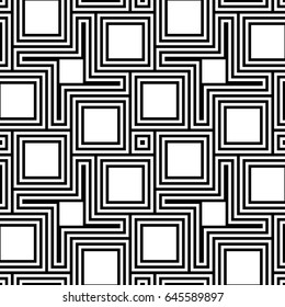 Repeated white figures on black background. Seamless surface pattern design with polygons. Blocks wallpaper. Mosaic tiles motif. Digital paper, page fills, web designing. Squares tessellation vector.