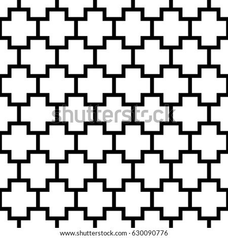 Repeated white figures on black background. Patches wallpaper. Seamless surface pattern design with polygons. Mosaic motif. Digital paper for page fills, web designing, textile print. Vector art.