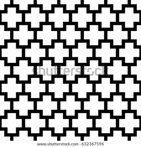 Repeated white figures on black background. Patches wallpaper. Seamless surface pattern design with polygons. Mosaic motif. Digital paper for page fills, web designing, textile print. Vector art.