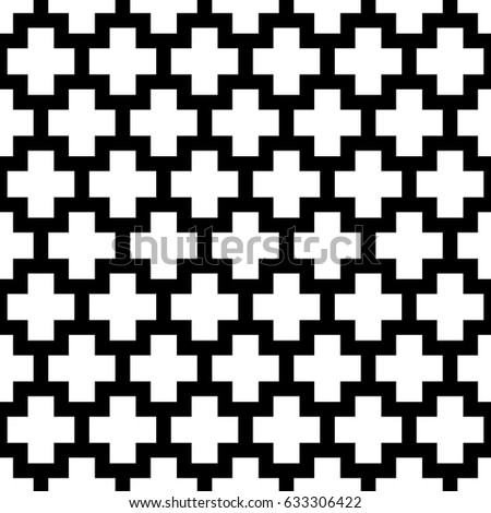 Repeated white figures on black background. Patches wallpaper. Seamless surface pattern design with polygons. Mosaic motif. Digital paper for page fills, web designing, textile print. Vector art.