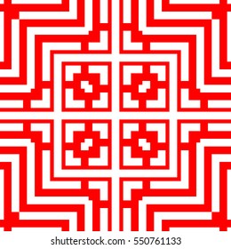 Repeated white figures on red background. Ornamental wallpaper. Seamless surface pattern design with symmetrical lines, polygons and brackets ornament. Ethnic motif. Digital paper for print. Vector