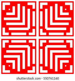Repeated white figures on red background. Ornamental wallpaper. Seamless surface pattern design with symmetrical lines, polygons and brackets ornament. Ethnic motif. Digital paper for print. Vector