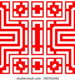 Repeated white figures on red background. Ornamental wallpaper. Seamless surface pattern design with symmetrical lines, polygons and brackets ornament. Ethnic motif. Digital paper for print. Vector