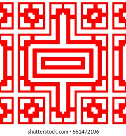Repeated white figures on red background. Ornamental wallpaper. Seamless surface pattern design with symmetrical lines, polygons and brackets ornament. Ethnic motif. Digital paper for print. Vector