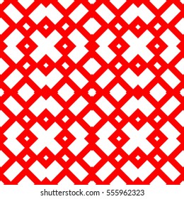 Repeated white figures on red background. Ethnic wallpaper. Seamless surface pattern design with symmetrical polygons ornament. Geometric motif. Digital paper for textile print, web design. Vector