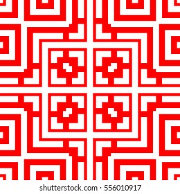 Repeated white figures on red background. Ornamental wallpaper. Seamless surface pattern design with symmetrical lines, squares and brackets ornament. Ethnic motif. Digital paper for textile print.