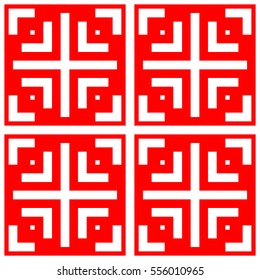 Repeated white figures on red background. Ornamental wallpaper. Seamless surface pattern design with symmetrical crosses and brackets ornament. Ethnic motif. Digital paper for print. Vector art