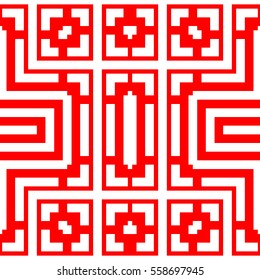 Repeated white figures on red background. Ornamental wallpaper. Seamless surface pattern design with symmetrical lines, polygons and brackets ornament. Ethnic motif. Digital paper for print. Vector.