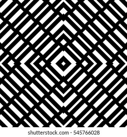 Repeated white geometric figures on black background. Seamless surface pattern design with symmetrical rectangles and rhombuses ornament. Polygons wallpaper. Diagonal dashed lines motif. Digital paper
