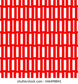 Repeated white geometric figures on red background. Seamless surface pattern design with symmetrical rectangles ornament. Polygons wallpaper. Dashed lines motif. Digital paper with stripes. Vector