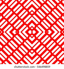 Repeated white geometric figures on red background. Seamless surface pattern design with symmetrical trapeziums and brackets ornament. Polygons wallpaper. Diagonal dashes and lines motif. Vector art
