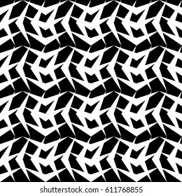 Repeated white geometrical figures on black background. Seamless surface pattern design with polygons. Scales motif. Quadrangular blocks wallpaper. Digital paper for page fills, web designing. Vector.