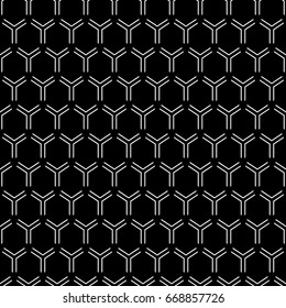 Repeated white interlocking broken hexagons contours on black background. Seamless surface pattern design with bee combs. Hexagonal grid. Honeycomb wallpaper. Three pronged star blocks. Angle brackets