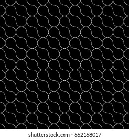 Repeated white interlocking figures tessellation on black background. Rounded blocks wallpaper. Seamless surface pattern design with pavers. Mosaic motif. Digital paper with dumbbell shapes. Vector.