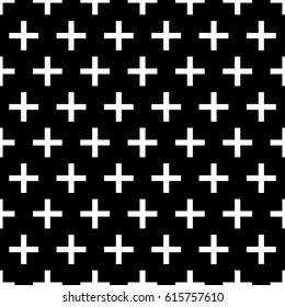 Repeated white pluses on black background. Crosses wallpaper. Seamless surface pattern design with polygons. Mosaic motif. Digital paper for page fills, web designing, textile print. Vector art.