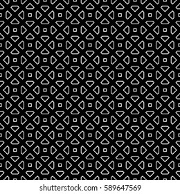 Repeated white polygons on black background. Symmetric geometric figures wallpaper. Seamless surface pattern design with pentagons and squares. Tiles motif. Digital paper for textile print. Vector art