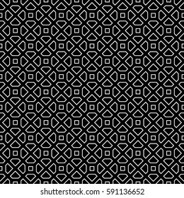 Repeated white polygons on black background. Symmetric geometric figures wallpaper. Seamless surface pattern design with pentagons and squares. Tiles motif. Digital paper for textile print. Vector art