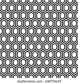 Repeated white polygons on black background. Honeycomb wallpaper. Seamless surface pattern design with regular hexagons. Parquet motif. Digital paper, page fills, web designing, textile print. Vector.