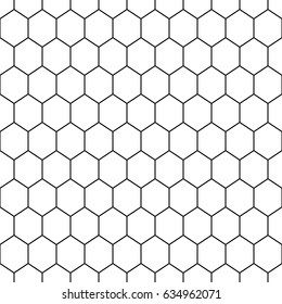 Repeated white polygons on black background. Honeycomb wallpaper. Seamless surface pattern design with regular hexagons. Grill motif. Digital paper for page fills, web designing, textile print. Vector