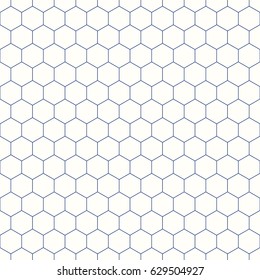 Repeated white polygons on blue background. Honeycomb wallpaper. Seamless surface pattern design with regular hexagons. Grill motif. Digital paper for page fills, web designing, textile print. Vector