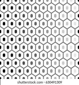 Repeated white polygons on color background. Honeycomb wallpaper. Seamless surface pattern design with regular hexagons. Parquet motif. Digital paper, page fills, web designing, textile print. Vector.