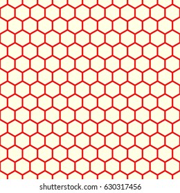 Repeated white polygons on red background. Honeycomb wallpaper. Seamless surface pattern design with regular hexagons. Grill motif. Digital paper for page fills, web designing, textile print. Vector