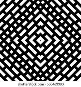 Repeated white rhombuses, rectangles, brackets on black background. Ethnic wallpaper. Seamless surface pattern design with symmetrical polygons ornament. Geometric motif. Digital paper. Vector art