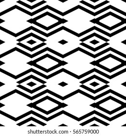 Repeated white rhombuses and zigzag lines on black background. Ethnic wallpaper. Seamless surface pattern design with diamonds and wavy stripes ornament. Digital paper for textile print. Vector art