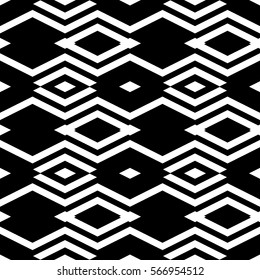 Repeated white rhombuses and zigzag lines on black background. Ethnic wallpaper. Seamless surface pattern design with diamonds and wavy stripes ornament. Digital paper for textile print. Vector art