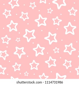 Repeated white round dots and outlines of stars on pink background. Cute seamless pattern for girls. Endless girlish print. Girly vector illustration.