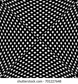 Repeated white slanted dashed lines and figures on black background. Surface pattern design with diamonds and strokes ornament. Checkered motif. Diagonal dashes wallpaper. Geometric shapes vector.