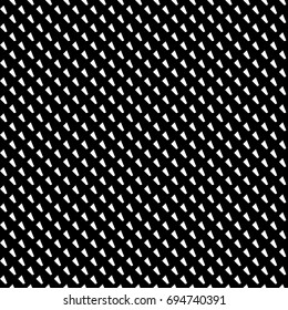 Repeated white slanted mini marks on black background. Seamless surface pattern design with polygons ornament. Quadrangular blocks wallpaper. Jagged checks motif. Digital paper, print. Dashed vector.