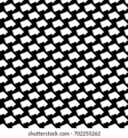 Repeated white slanted shapes on black background. Seamless surface pattern design with polygons ornament. Hexagonal blocks wallpaper. Jagged figures motif. Digital paper for print, page fill. Vector.