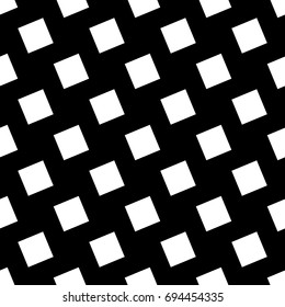 Repeated white slanted squares on black background. Seamless surface pattern design with polygons ornament. Quadrangular blocks wallpaper. Jagged checks motif. Digital paper, print. Checkered vector.