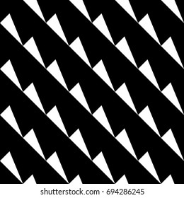 Repeated white slanted triangles on black background. Seamless surface pattern design with polygons. ornament Triangular blocks wallpaper. Diagonal lines motif. Digital paper for print. Zigzag vector.